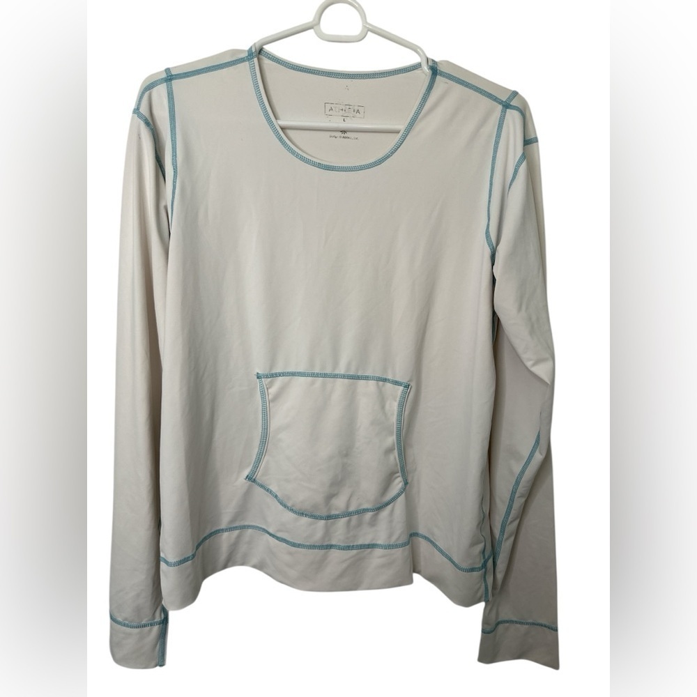 Athleta White Long Sleeve Top with Blue Accents Rash Guard